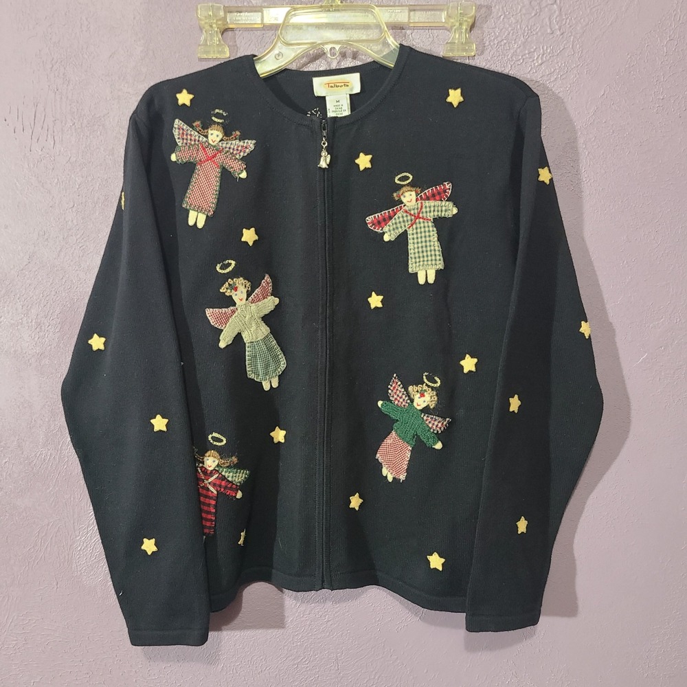 Talbots Cardigan Sweater Black Angels Stars Embroidered Zip Up Womens Vtg Cotton
